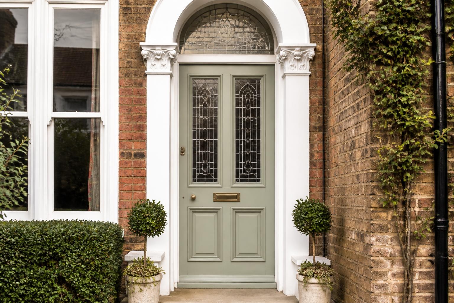 Sage green painted timber front door with leaded glazed panels and an arched fanlight on a period brick house